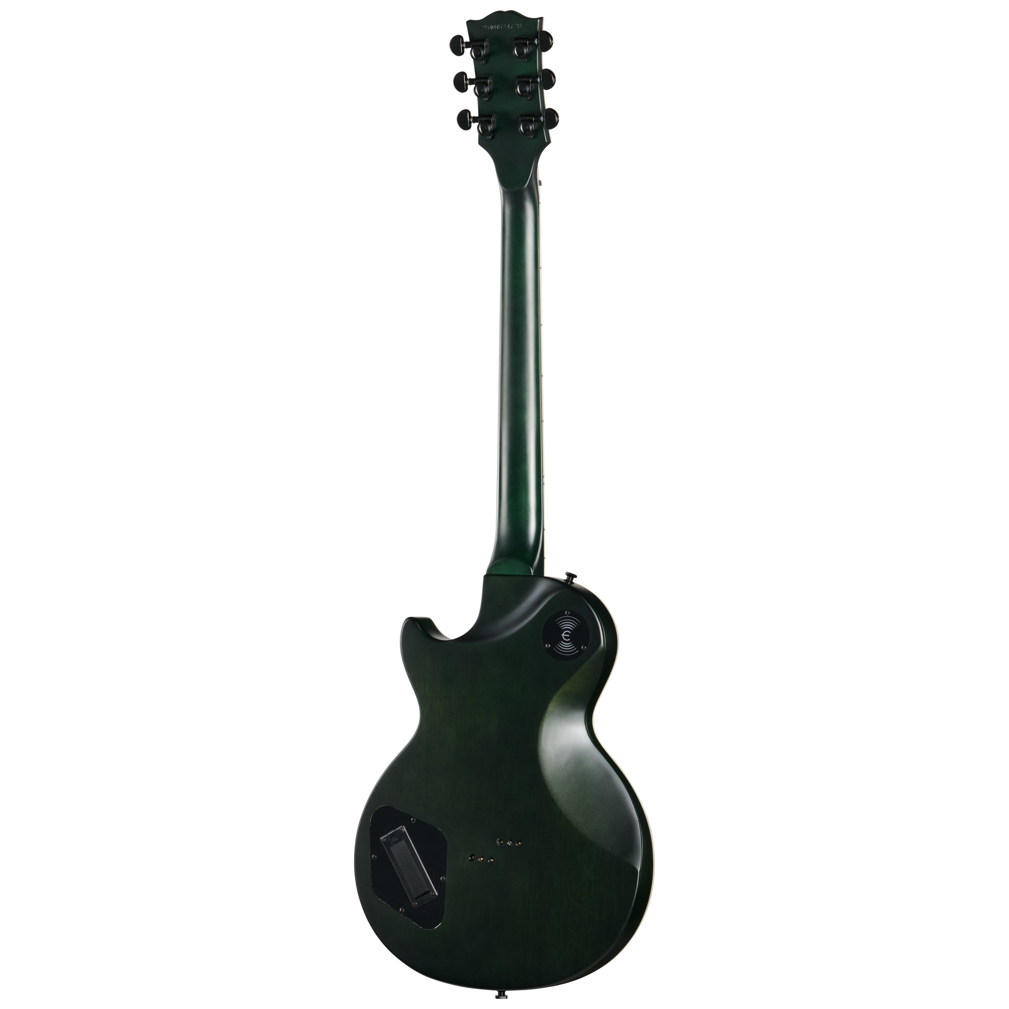 E-Gitarre, Massivholzkorpus, dunkelgrün, Les-Paul-Form, sechs Saiten